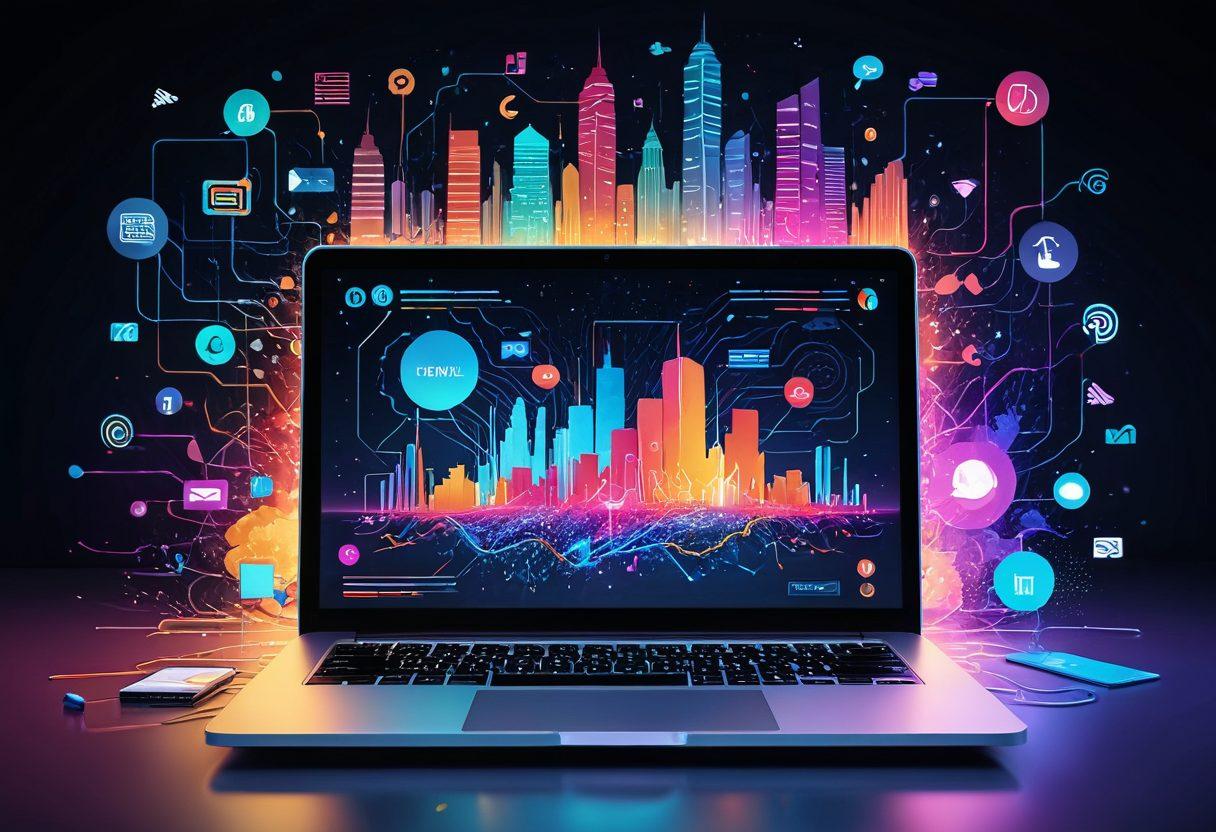 A captivating digital landscape featuring a stylized open laptop displaying a vibrant blog interface, surrounded by floating icons of social media, creative tools, and editorial elements like paper and pen. The background showcases an abstract city filled with glowing data streams and digital pathways, symbolizing the vastness of online content. Bright colors emphasize creativity and exploration. super-realistic. vibrant colors. 3D.