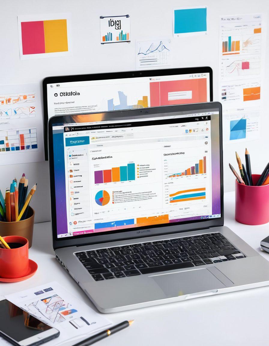 An open laptop displaying a vibrant blog interface filled with colorful charts, engaging infographics, and insightful text about digital media. Surrounding the laptop are creative tools like a camera, microphone, and notepad, symbolizing various forms of content creation. The background showcases a digital landscape with social media icons floating, representing connectivity and sharing insights. The overall atmosphere is energetic and inspiring, inviting readers to engage with the world of blogging. super-realistic. vibrant colors. white background.