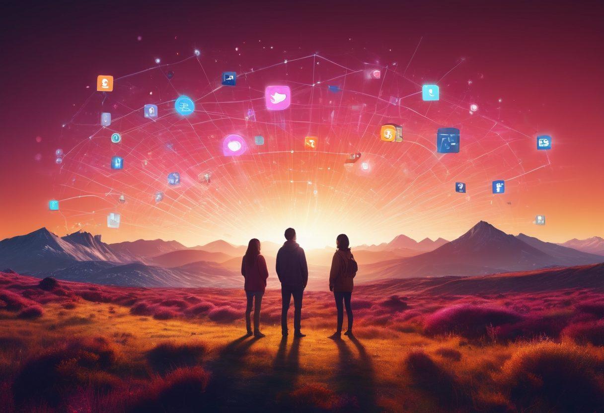A digital landscape illustrating a vibrant mix of social media icons, data graphs, and a diverse group of individuals collaborating around a central glowing light that symbolizes 'impact'. Include abstract representations of digital content like videos and articles floating around. The background should blend warm and cool tones to represent creativity and technology. super-realistic. vibrant colors. 3D.